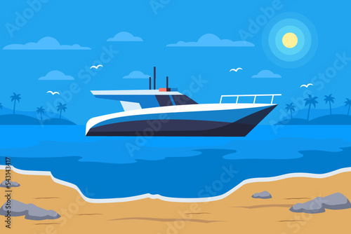 Fototapeta Naklejka Na Ścianę i Meble -  Landscape illustration with modern yacht boat ocean night view. sea landscape vector illustration.