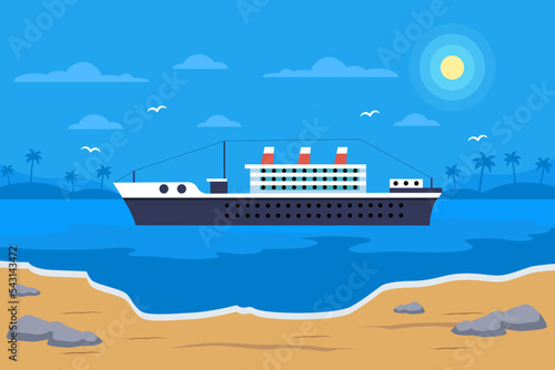 Landscape illustration with beautiful container ship ocean night view. sea landscape vector illustration.