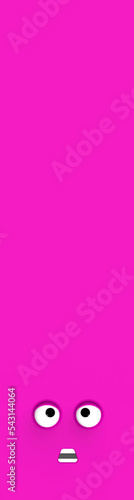 Pink face of cute character. Cute face. stupid face. emotion surprise. Vertical banner for insertion into site. Place for text cope space. Surprised face. 3D image. 3D rendering.