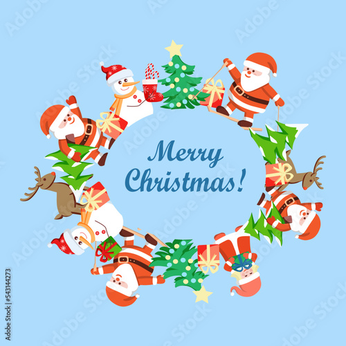 Christmas frame with cute characters Santa Claus, Snowman, Deer, Christmas Tree and text box in the center on blue light backgound.