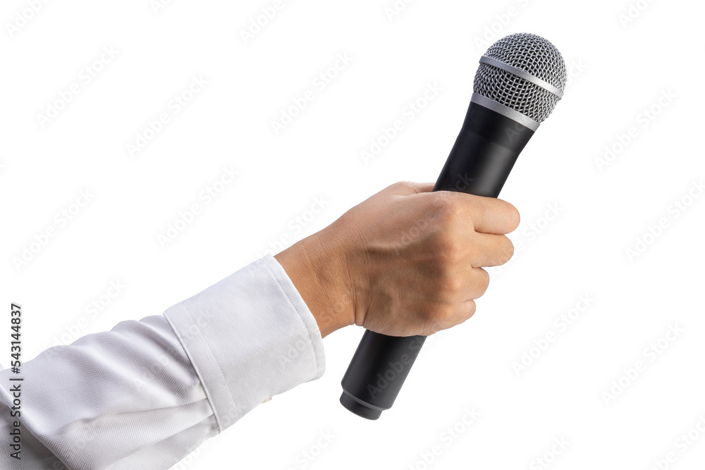 Close up Reporter Hand, Hand Holding Microphone for speech or interview on  white background PNG File Stock Photo