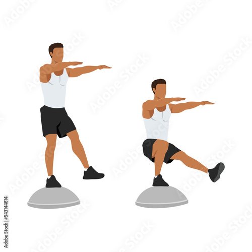 Man doing Single leg squat. Pistol squats exercise. Flat vector illustration isolated on white background