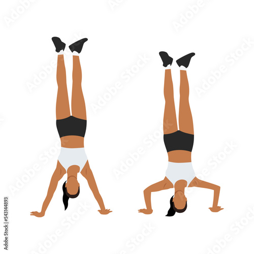 Woman doing handstand push up exercise. Flat vector illustration isolated on white background