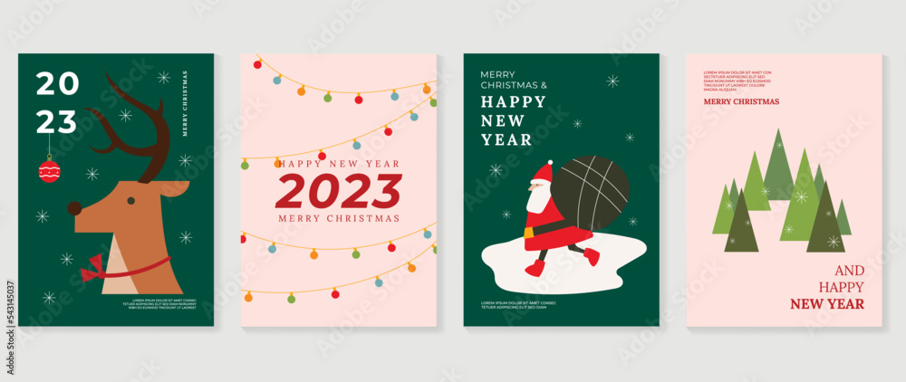 Set of christmas and happy new year 2023 background cover vector. Decorative elements of reindeer, santa claus, tree, wire light. Design for banner, invitation, card, cover, poster, advertising.