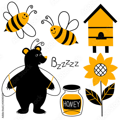 Set of vector illustration, bees, honey, beehive, bear. 