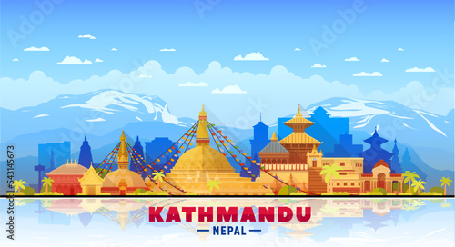 Kathmandu Nepal skyline with panorama in sky background. Vector Illustration. Business travel and tourism concept with modern buildings. Image for banner or website.