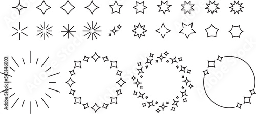 Kolekcja gwiazd. Zestaw ikon gwizd o różnym kształcie. Okrągłe ramki z motywem gwiezdnym. Geometryczne kształty. 