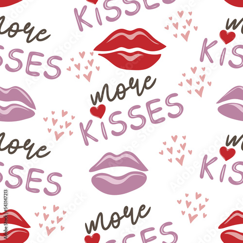 Seamless pattern of hearts, lips and more kisses text on white background. Hand drawn Valentine's Day template. Design print to social media,  textile, wallpaper, wrapping paper, flyer, home decor