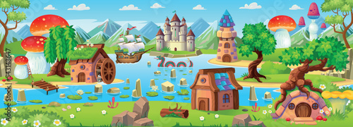 Landscape with islands, mountains and a river, houses of hobbits and gnomes, castle and lighthouse, mushrooms. Fantasy castle with towers on the island. Vector.