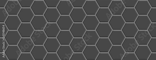 Paved hexagon surface. Seamless slab pavement. Street texture. Black paver tile. Decorative cobblestone print. Road pattern. Stone floor. Mosaic sidewalk. Garden footpath top view. Vector illustration