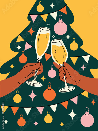 Merry Christmas and happy New Year holiday poster or postcard. Hands with alcohol drinks the background of an ornate Christmas tree. Cheers with champagne and wine. Colorful flat vector illustration.