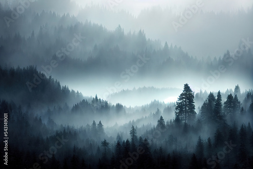 Beautiful landscape with foggy mountains and pine forest