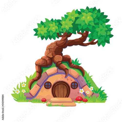 Hobbit house with old branchy tree. Fairy dwelling with round wooden door and windows, flowers and  mushrooms. Isolated on white background.