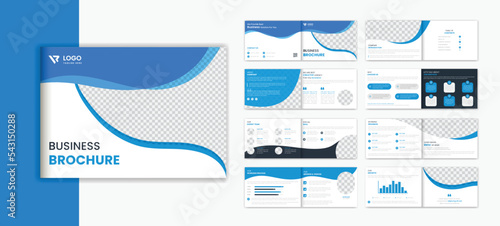 Blue corporate landscape brochure design template, business brochure 16 page vector