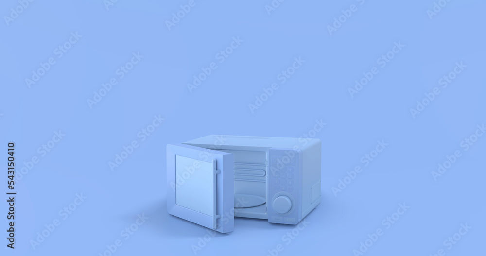 Cartoon-style hot oven. Monochrome single blue color microwave in a blue background, single color, 3d Icon, 3d rendering, household objects Cartoon-style hot oven. Monochrome single blue color microwave in a blue background, single color, 3d Icon, 3d rendering, household objects