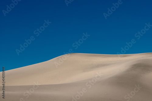 Desert landscape. Sand dunes under the blue sky. Traces of wind on the surface of the sand dune.