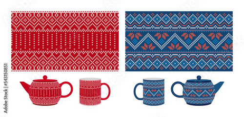 Cup, teapot with knitting texture. Red and blue Christmas seamless knit print mockup. Vector. Xmas winter pattern. Sweater, pullover illustration. Holiday fair isle traditional design.