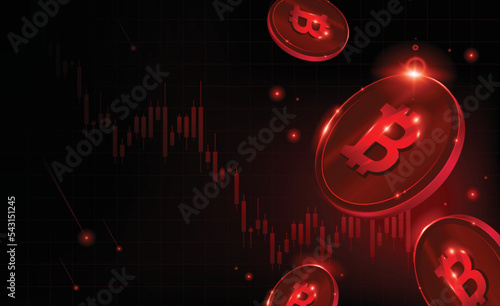 Bitcoin cryptocurrency price going down. Red glowing Crypto price falls. Falling apart. Bearish bear. Crisis. Collapse candle stick. 3d Ilustration