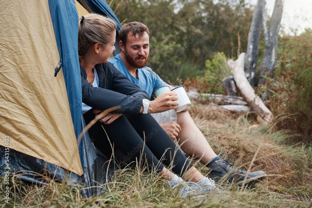 Friends, camping tent and drink coffee together morning routine before hike. Relax family conversation, calm man and woman with warm tea or couple on nature travel vacation relaxing outdoor lifestyle