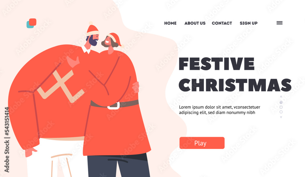 Festive Christmas Landing Page Template. Loving Couple Wear Xmas Costumes and Santa Hats Cuddle Vector Illustration