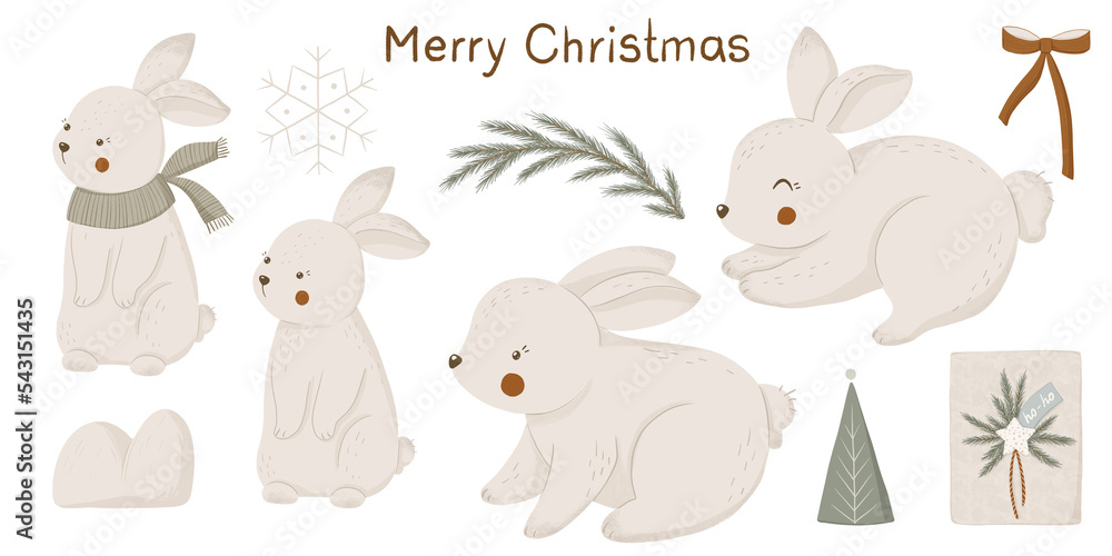 Winter Polar bunny, trees, Christmas trees, gift box, bow, snowflake illustration for design, cards, print, pattern, isolated on a transparent background Winter Polar bunny, trees, Christmas trees, gift box, bow, snowflake illustration for design, cards, print, pattern, isolated on a transparent background