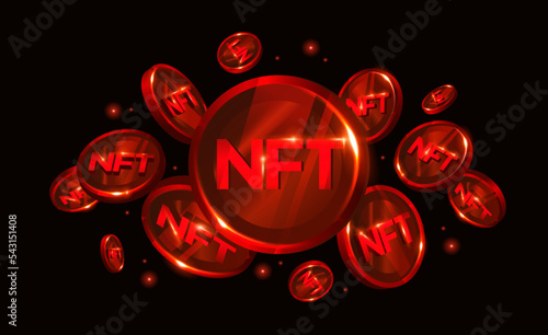 NFT nonfungible token illustration with red  glowing lights dark blue background. Crypto price falls. Falling apart. Bearish bear. Crisis. Collapse candle stick. 3d Ilustration