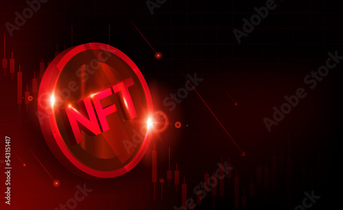 NFT nonfungible token illustration with red  glowing lights dark blue background. Crypto price falls. Falling apart. Bearish bear. Crisis. Collapse candle stick. 3d Ilustration