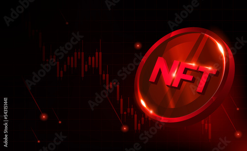 NFT nonfungible token illustration with red  glowing lights dark blue background. Crypto price falls. Falling apart. Bearish bear. Crisis. Collapse candle stick. 3d Ilustration