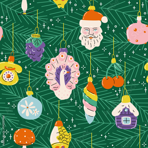 Seamless pattern with vintage Christmas tree ornaments. Hand drawn vector background. Retro season decorations.