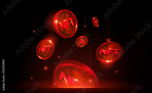 NFT nonfungible token illustration with red  glowing lights dark blue background. Crypto price falls. Falling apart. Bearish bear. Crisis. Collapse candle stick. 3d Ilustration