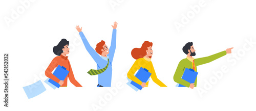 Cheerful Business People With Folders In Hands Walk In Line Rejoice And Waving Hands. Successful Managers Team Success