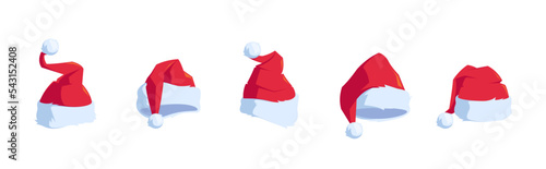 Set Funny Santa Hats, Winter Headwear with Fur Isolated Icons On White Background. Santa Claus Caps, Holiday Collection