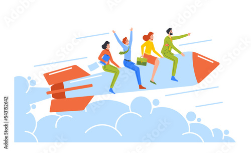 Career Boost, Start Up And Leadership Concept. Cheerful Business Team Flying On Rocket. Office Workers Fly Up To Goal