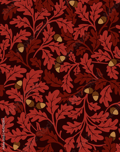 Floral seamless pattern with unusual red oak leaves and brown acorns on dark background. Vector illustration.