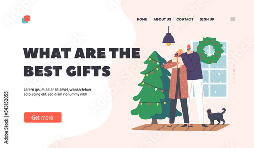 Best Gifts for Christmas Landing Page Template. Loving Couple Characters Celebrate. Young Man Prepare Gift To Girlfriend