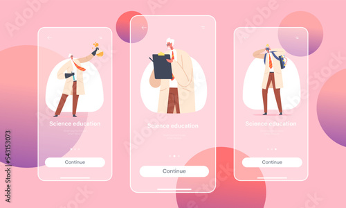 Science Education Mobile App Page Onboard Screen Template. Crazy Professor, Nuts Doctor Character Conduct Experiment