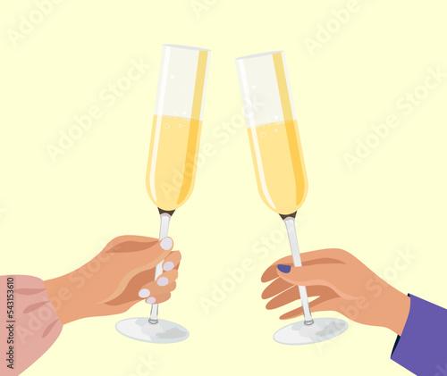 Festive illustration. Champagne glasses in hands. New year or Christmas background.