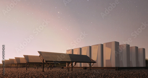 Concept energetic technology. Dawn of new renewable energy technologies. Modern, aesthetic, and efficient dark solar panel panels, a modular battery energy storage system in warm light. 3D rendering