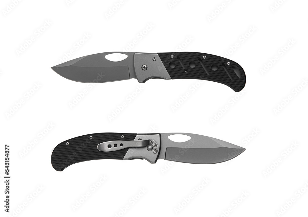 Pocket folding knife isolate on white back. Compact metal sharp knife with a folding blade. Pocket folding knife isolate on white back. Compact metal sharp knife with a folding blade.