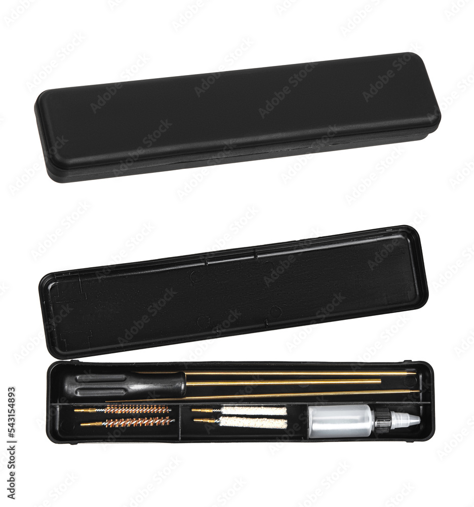 A set for cleaning weapons in a black case isolate on a white back. Weapon care tools. A set for cleaning weapons in a black case isolate on a white back. Weapon care tools.