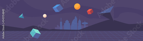 Metaverse Futuristic Digital Technology, Virtual and Augmented Reality, Abstract Geometric Shapes with City Silhouette