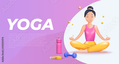 Banner template with Meditation 3D women. Happy calm Woman meditating. Zen, yoga, meditation, relax, recreation, healthy lifestyle. 3D vector