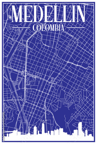 Blue vintage hand-drawn printout streets network map of the downtown MEDELLIN, COLOMBIA with highlighted city skyline and lettering