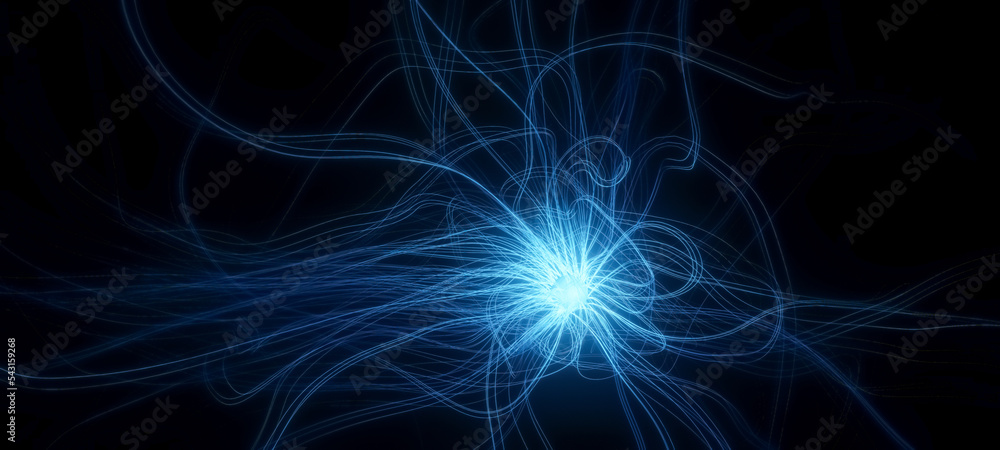 Abstract 3D rendering illustration of glowing blue orb with long curly waving tendrils, science or research concept, neuron cell or synapse visualization on black background