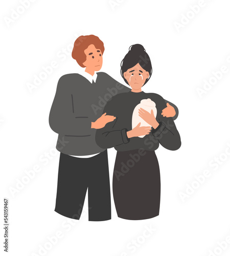 Postpartum depression support concept. Mental health concept. Man hug sad woman with baby and chaos line. Mother in depression, motherhood burnout. 