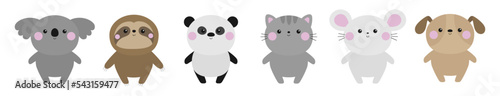 Sloth koala panda bear cat dog mouse set icon. Cute kawaii cartoon baby character. Pink cheek. Happy Valentines Day. Notebook cover, tshirt print. White background. Flat design.