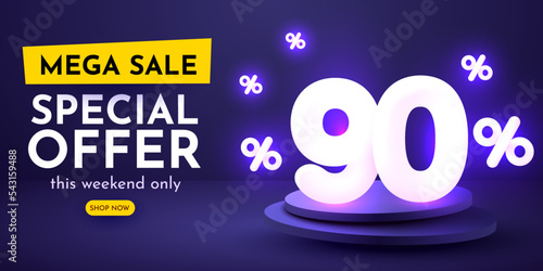 90 percent Off. Discount creative composition. 3d sale symbol with decorative objects. Sale banner and poster.