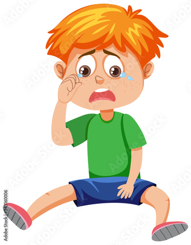 A boy sitting with crying face expression