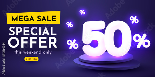 50 percent Off. Discount creative composition. 3d sale symbol with decorative objects. Sale banner and poster.