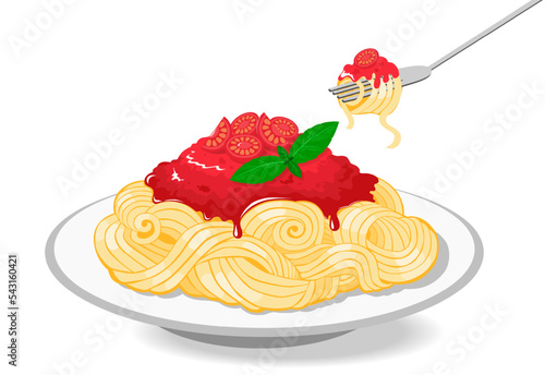 Plate of spaghetti or tagliatelle with tomato sauce and basil, pasta at fork. Classic pasta dish, vector illustration.
